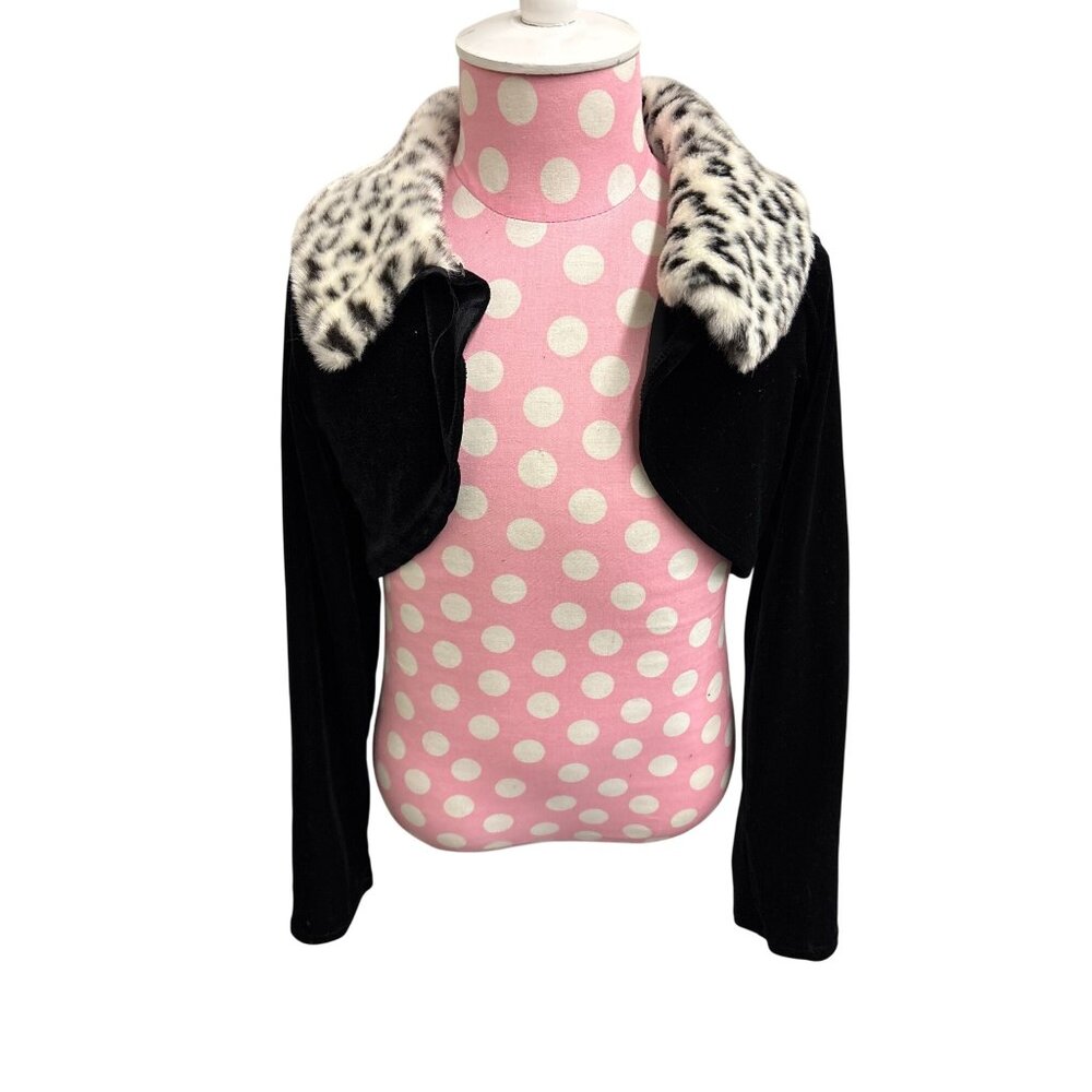 Black Velvet Bolero Jacket W/ Faux Leopard Fur Collar Perfectly Dressed M 7/8 KI